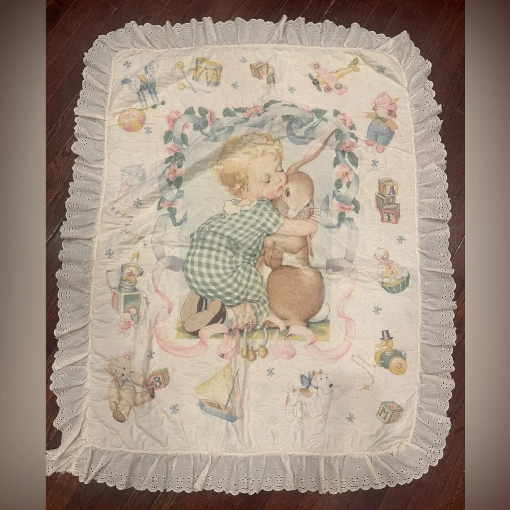 Vintage Daisy Kingdom Bunny Rabbit Nursery Crib Quilt Blanket Eyelet Lace Trim